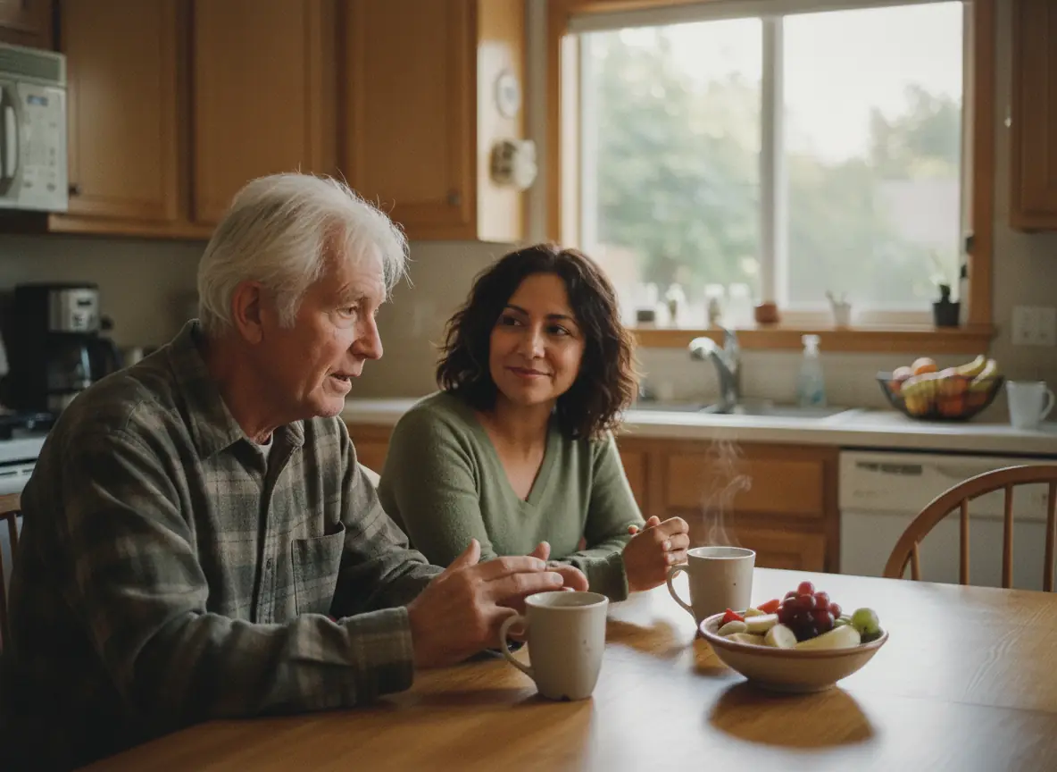 A caregiver and an older man at his kitchen table going through the same familiar morning routine