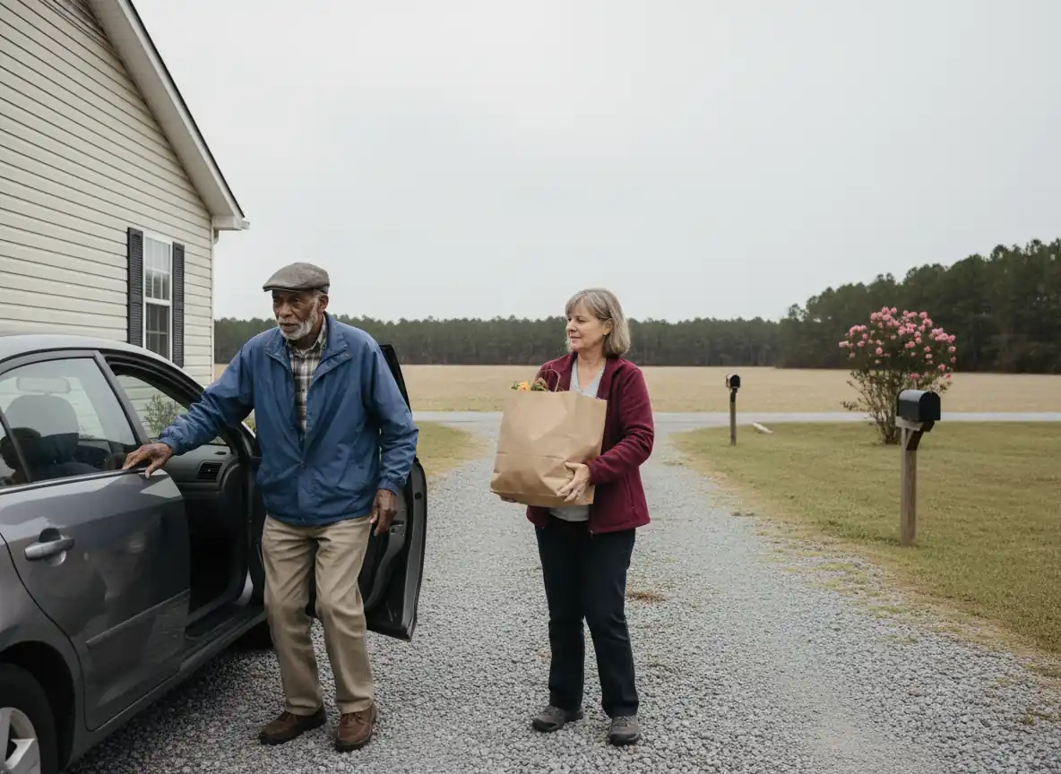 A caregiver and an older man arriving home from the shops in a gravel driveway