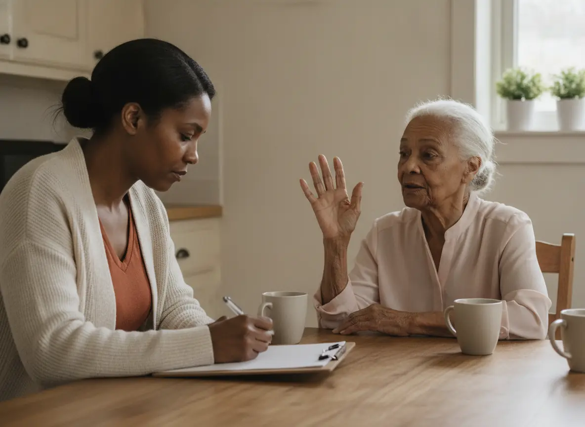 A caregiver writing on a clipboard at the kitchen table while an older woman talks with her hands