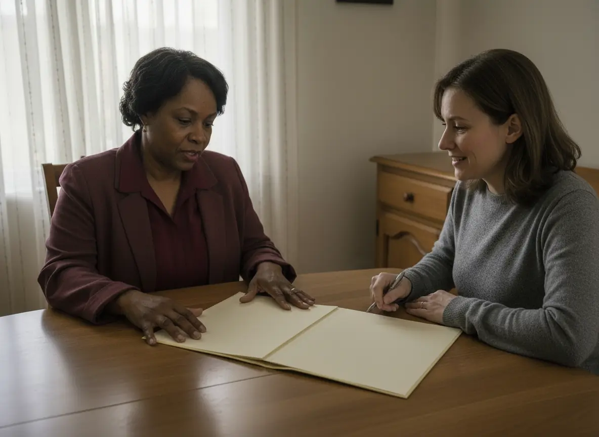 A supervisor and a client's daughter going through a care plan at a dining table