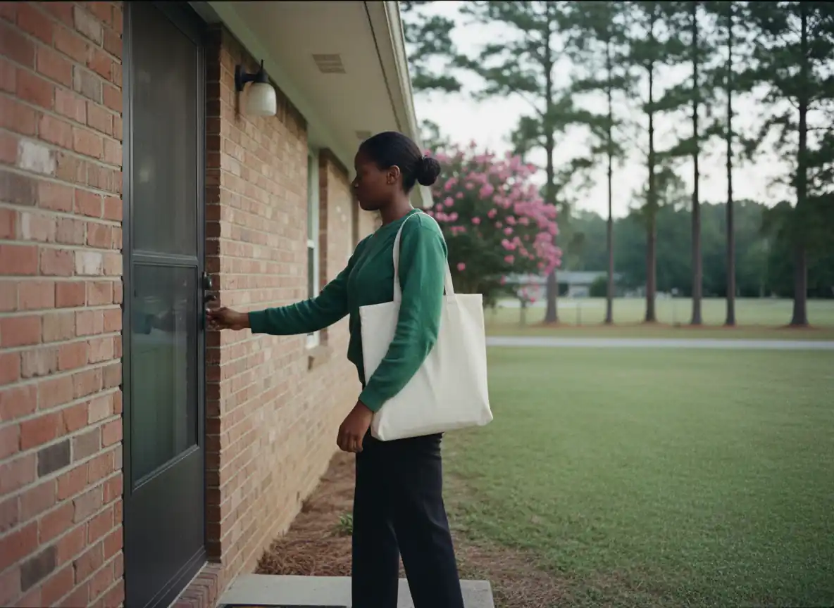 A caregiver arriving at a client's front door on a bright morning