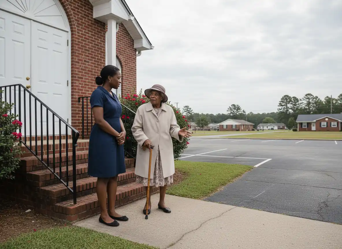 An older woman with a cane talking with her caregiver at the steps of a small brick church