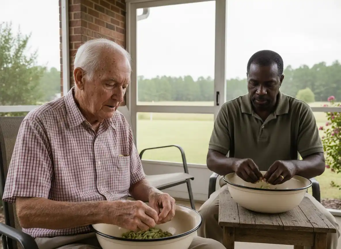 Two men shelling beans together on a back porch on an overcast afternoon