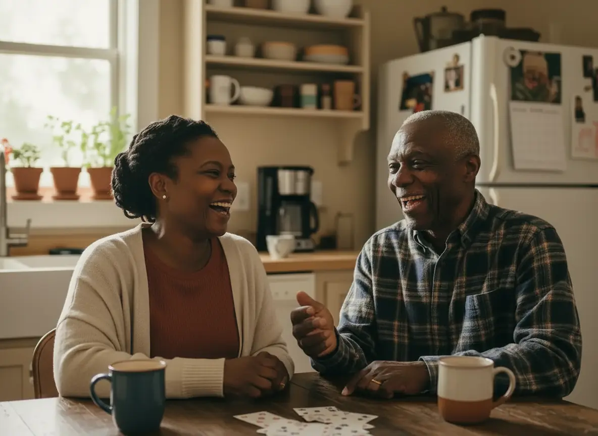 An older man and his caregiver laughing over a card game at a kitchen table