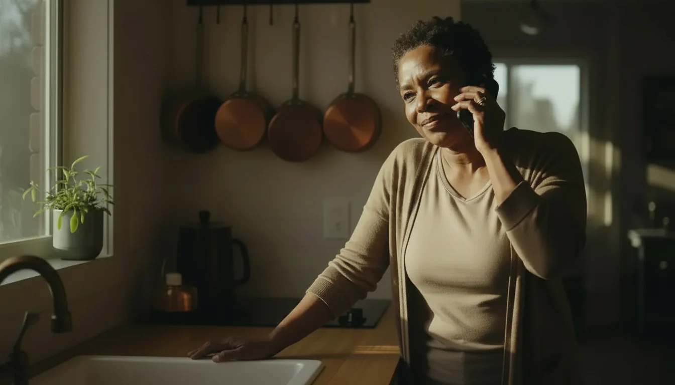 A daughter on the phone in her kitchen, listening