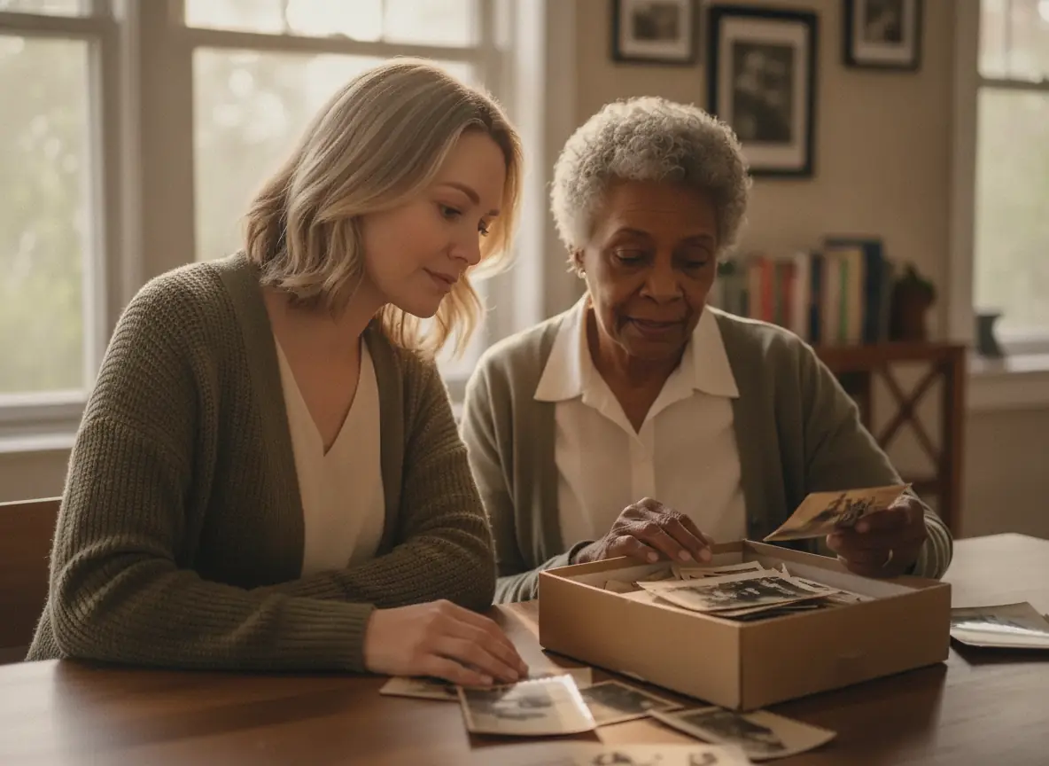 A caregiver and an older woman sorting a box of old family photographs together at a dining table