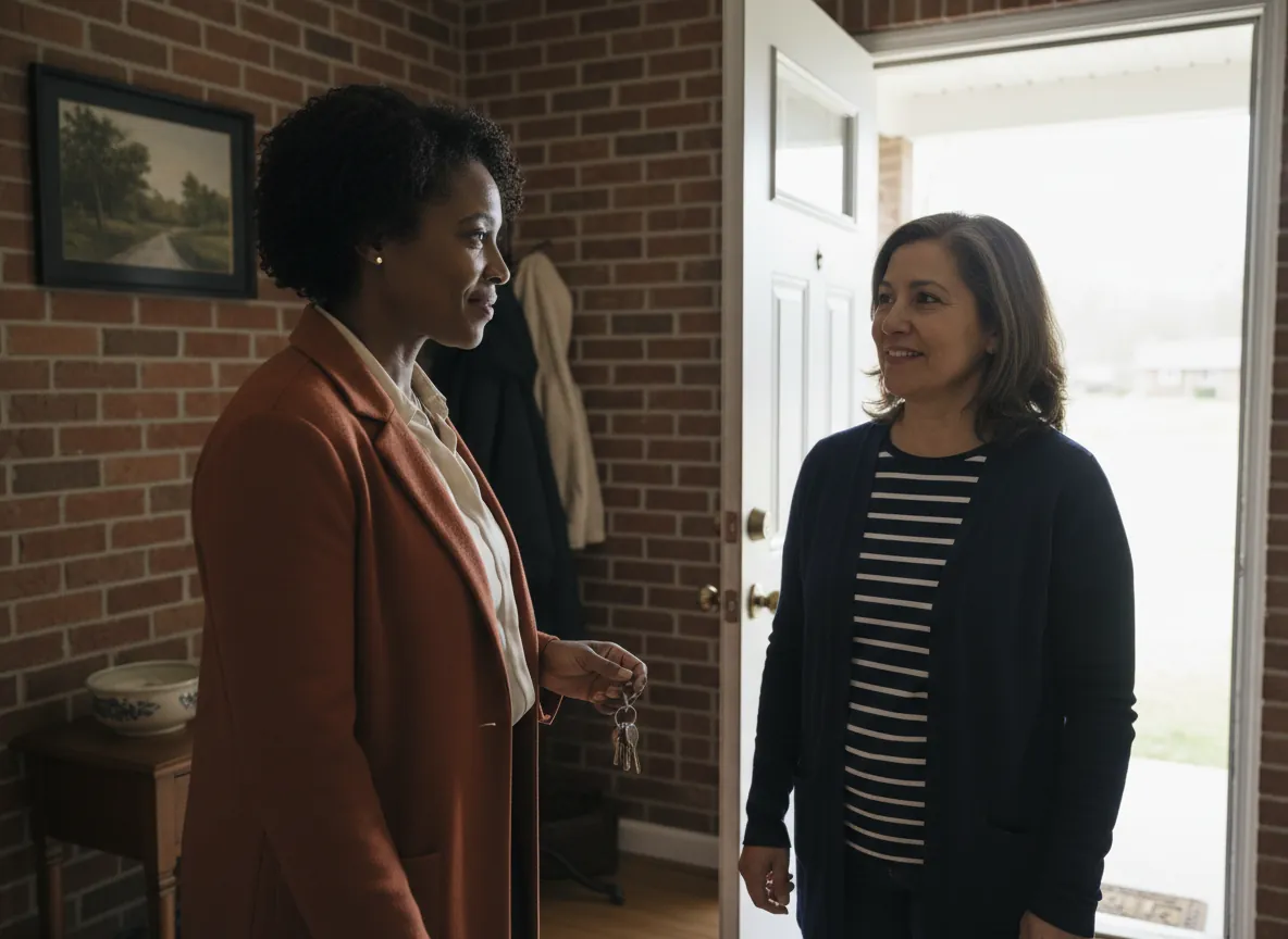 A daughter with her coat on talking to the caregiver who has just arrived at the front door