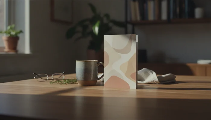 The Praise Homecare family care guide propped against a mug on a wooden table