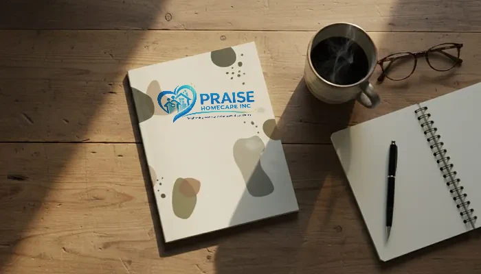 The Praise Homecare family care guide lying on a wooden table beside reading glasses
