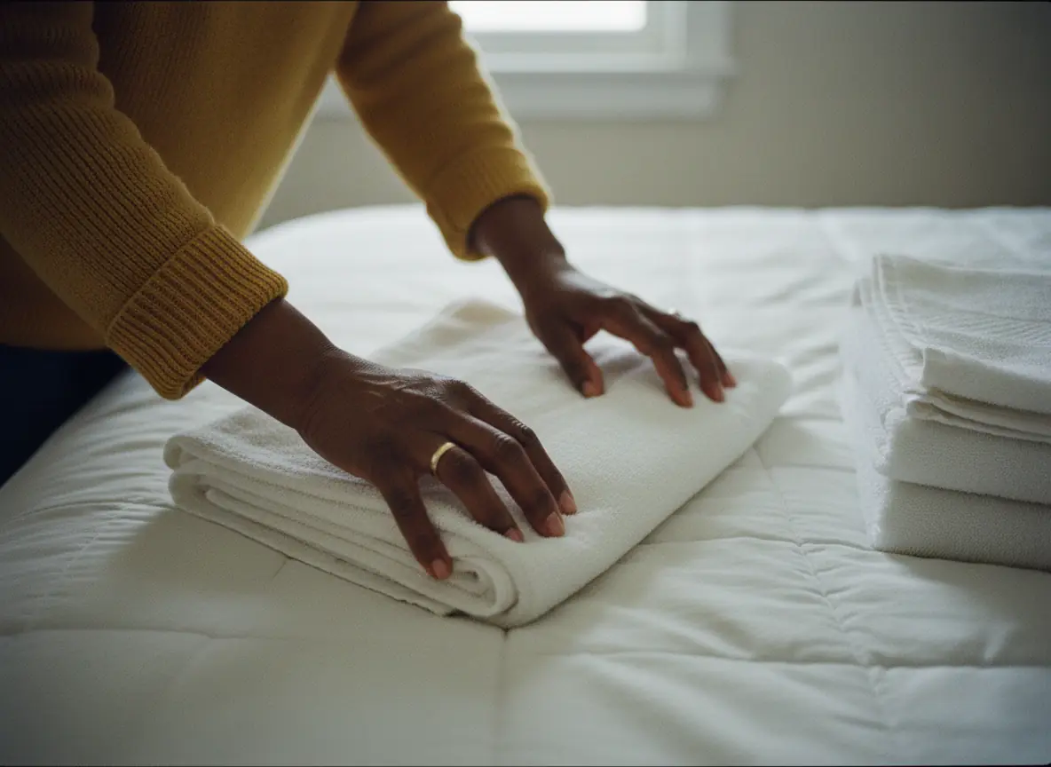 A pair of hands folding a towel onto a stack of clean laundry