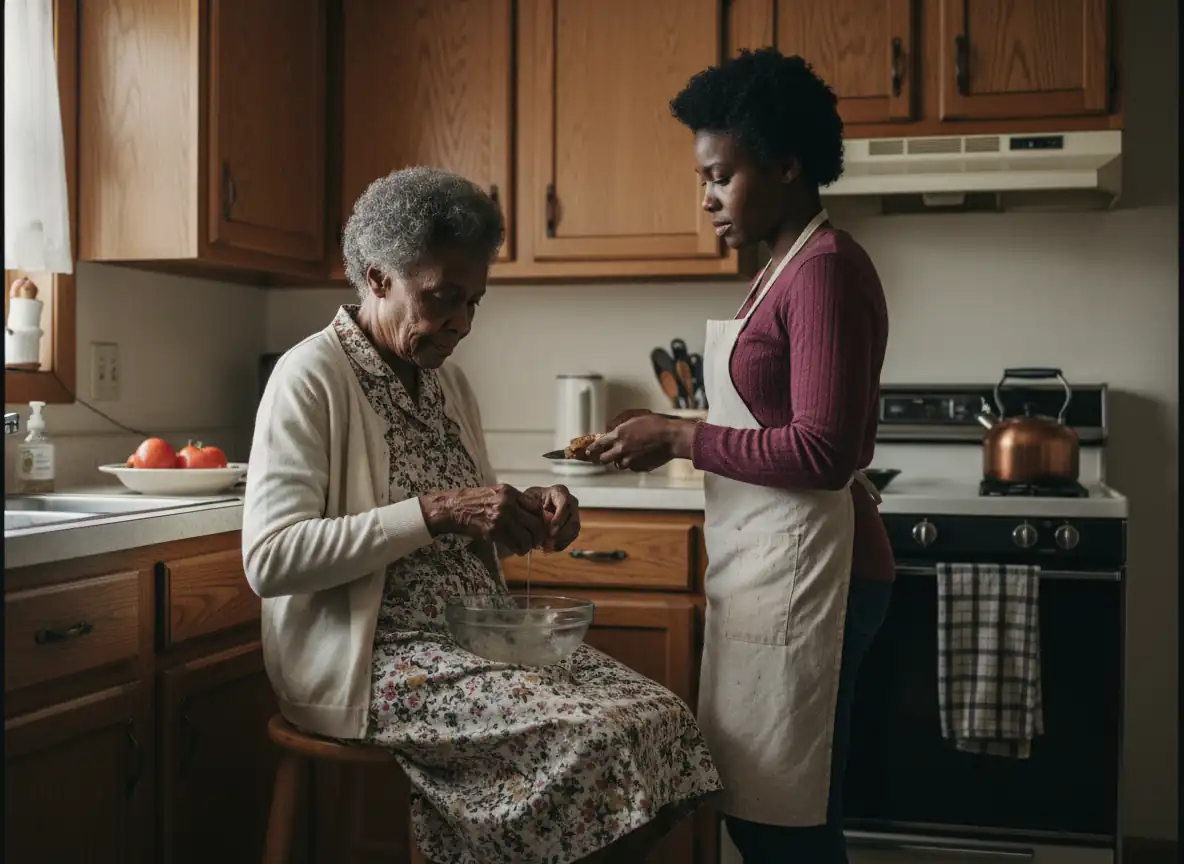 A caregiver and an older woman making breakfast together at a kitchen counter