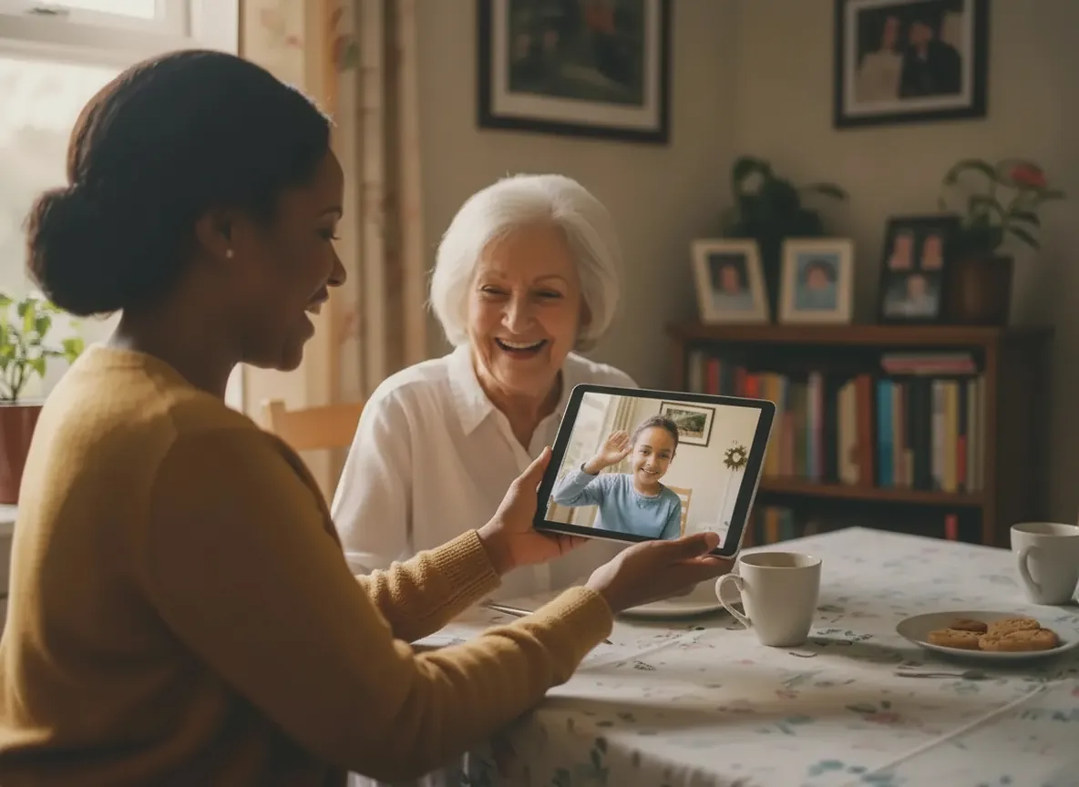 An older woman on a video call with her grandchild while her caregiver sits with her