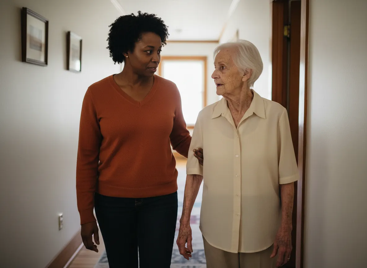 A caregiver walking beside an older woman along the hallway of her own home