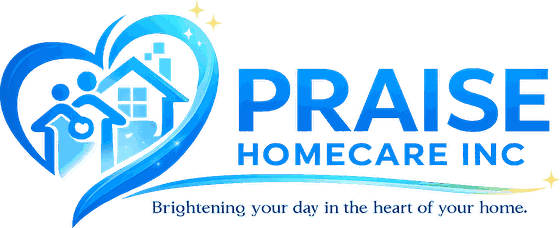 Praise Homecare Inc, a blue heart around a house