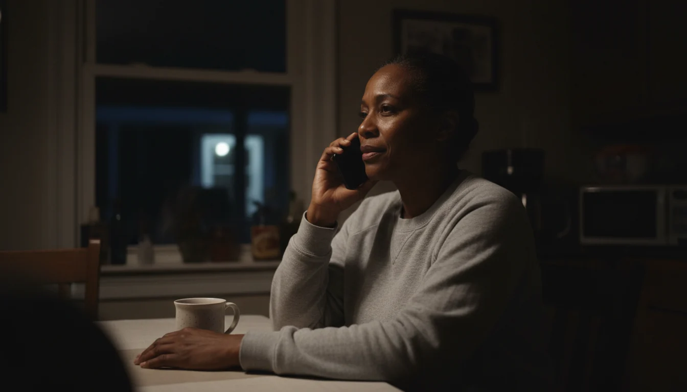 A woman at her kitchen table late at night, on the phone, as somebody answers