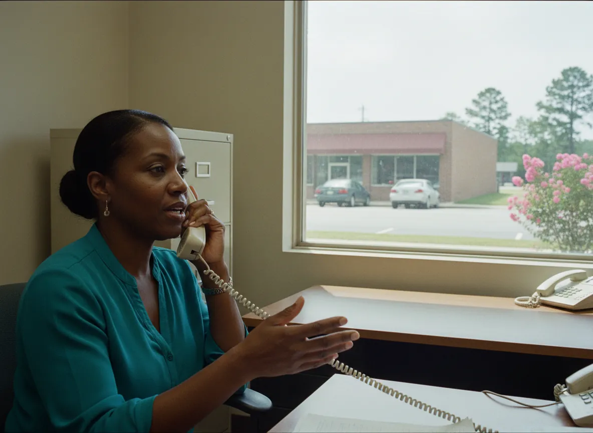 A small office in Wilson, North Carolina, with a window onto the street and one person on the phone