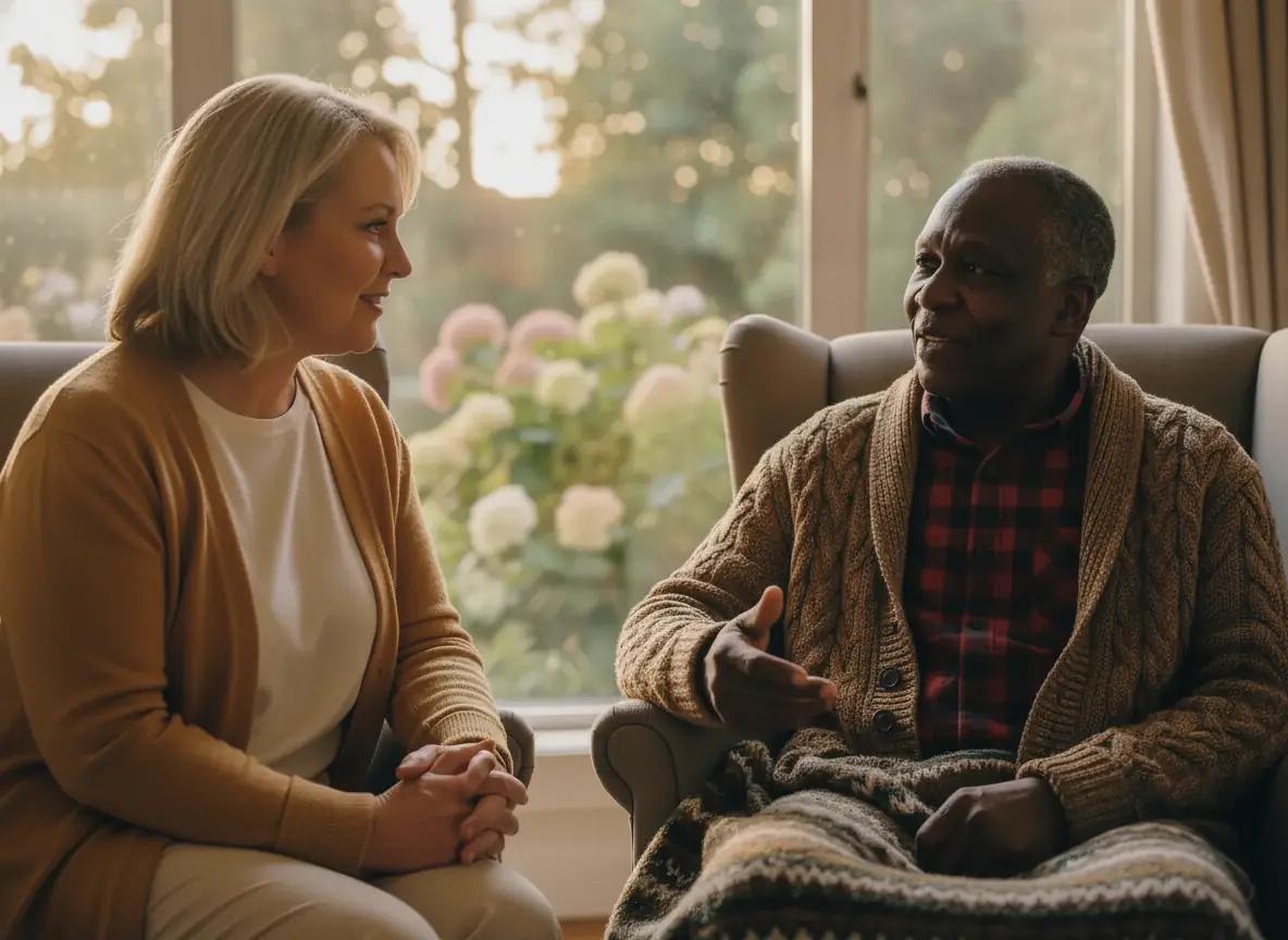 A caregiver sitting turned toward an older man in an armchair, listening while he talks