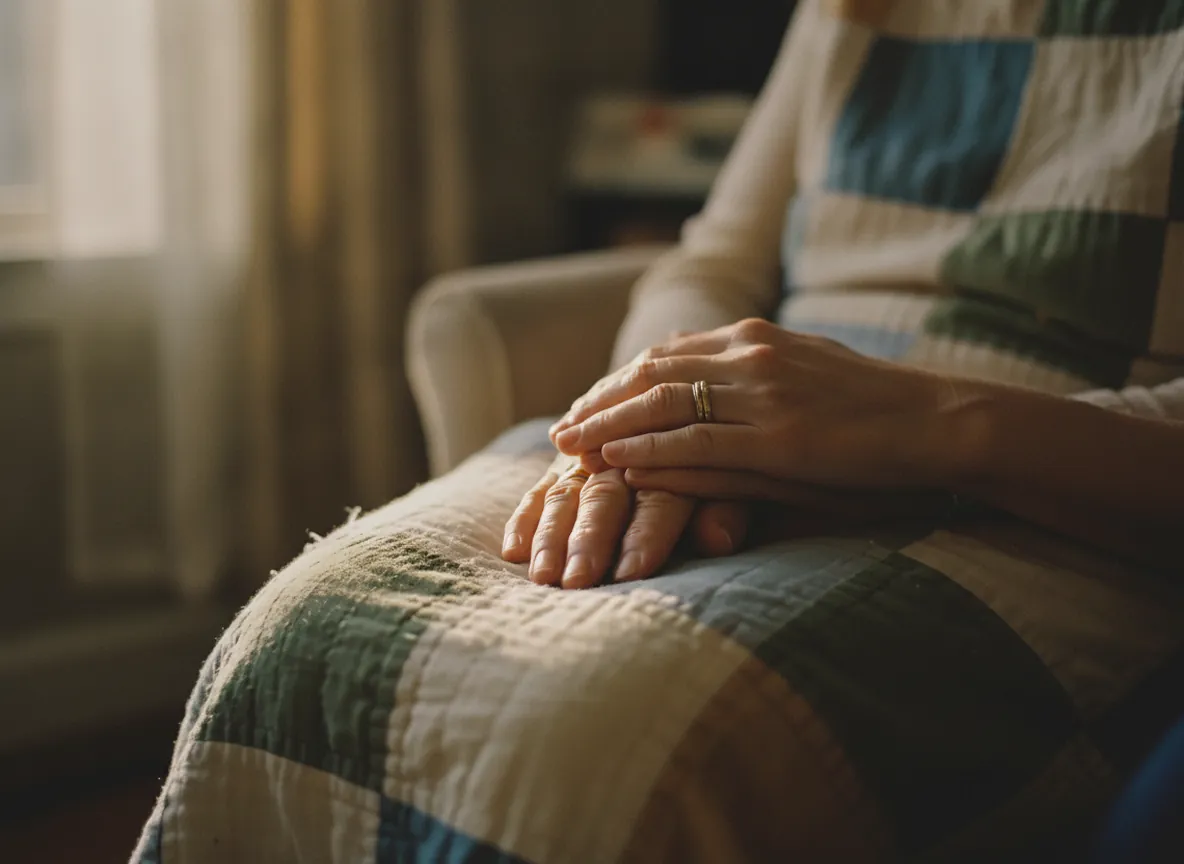 Two pairs of hands resting together on a patchwork quilt over the arm of an armchair