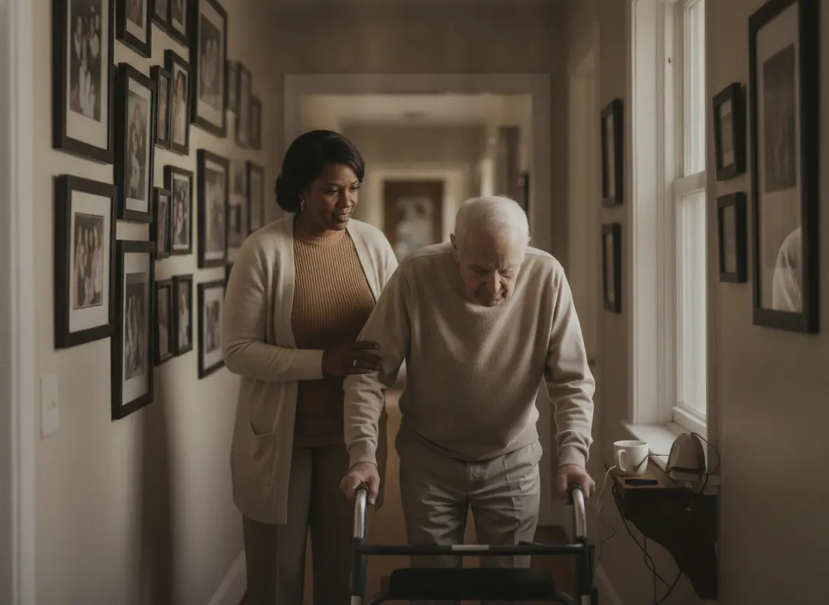 A caregiver steadying an older man with a rolling walker in the hallway of his own home