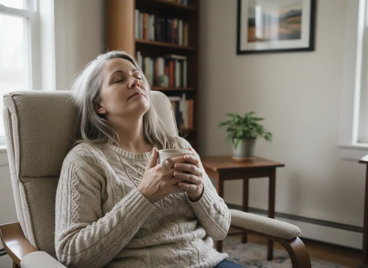 A family caregiver resting in an armchair by a sunlit window with a mug of coffee