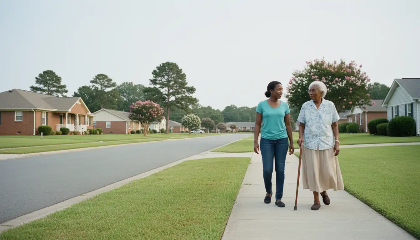 A caregiver and an older woman walking together along a residential sidewalk in eastern North Carolina