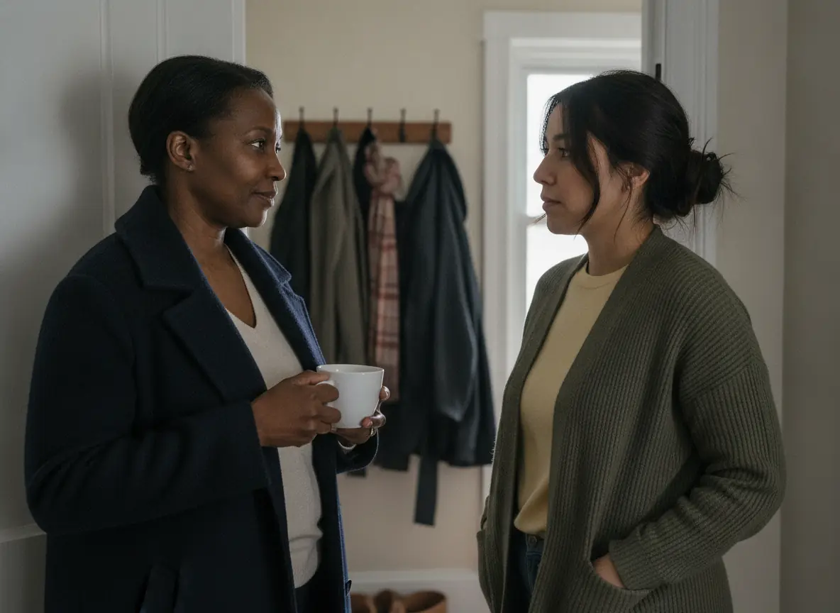 Two caregivers talking in a hallway between shifts