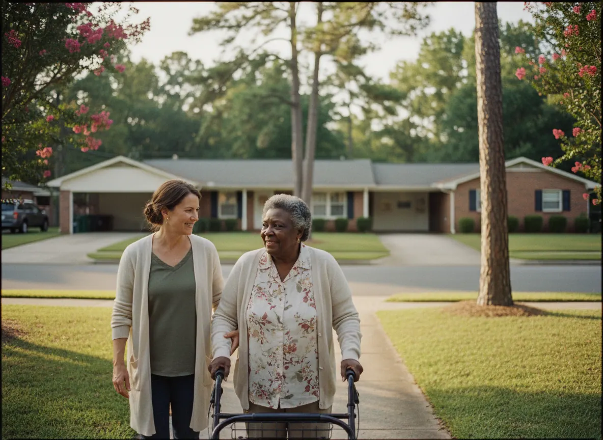 An older woman with a rolling walker and her caregiver on the sidewalk of a street of brick ranch houses and pines in eastern North Carolina